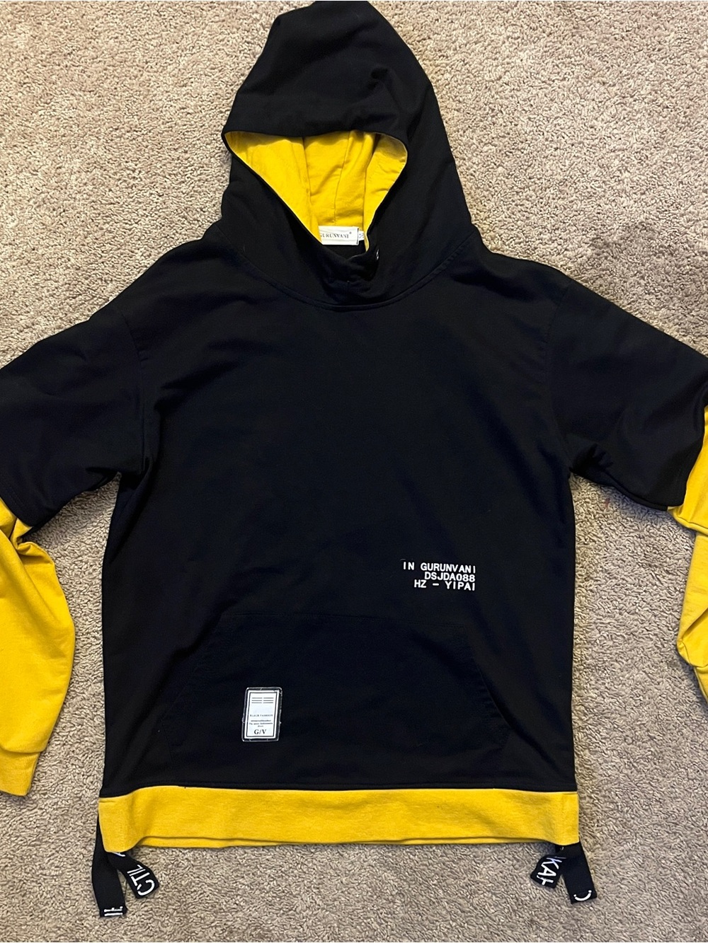 Black Crewneck Hoodie with Yellow Contrast Trim - Men's Sweater